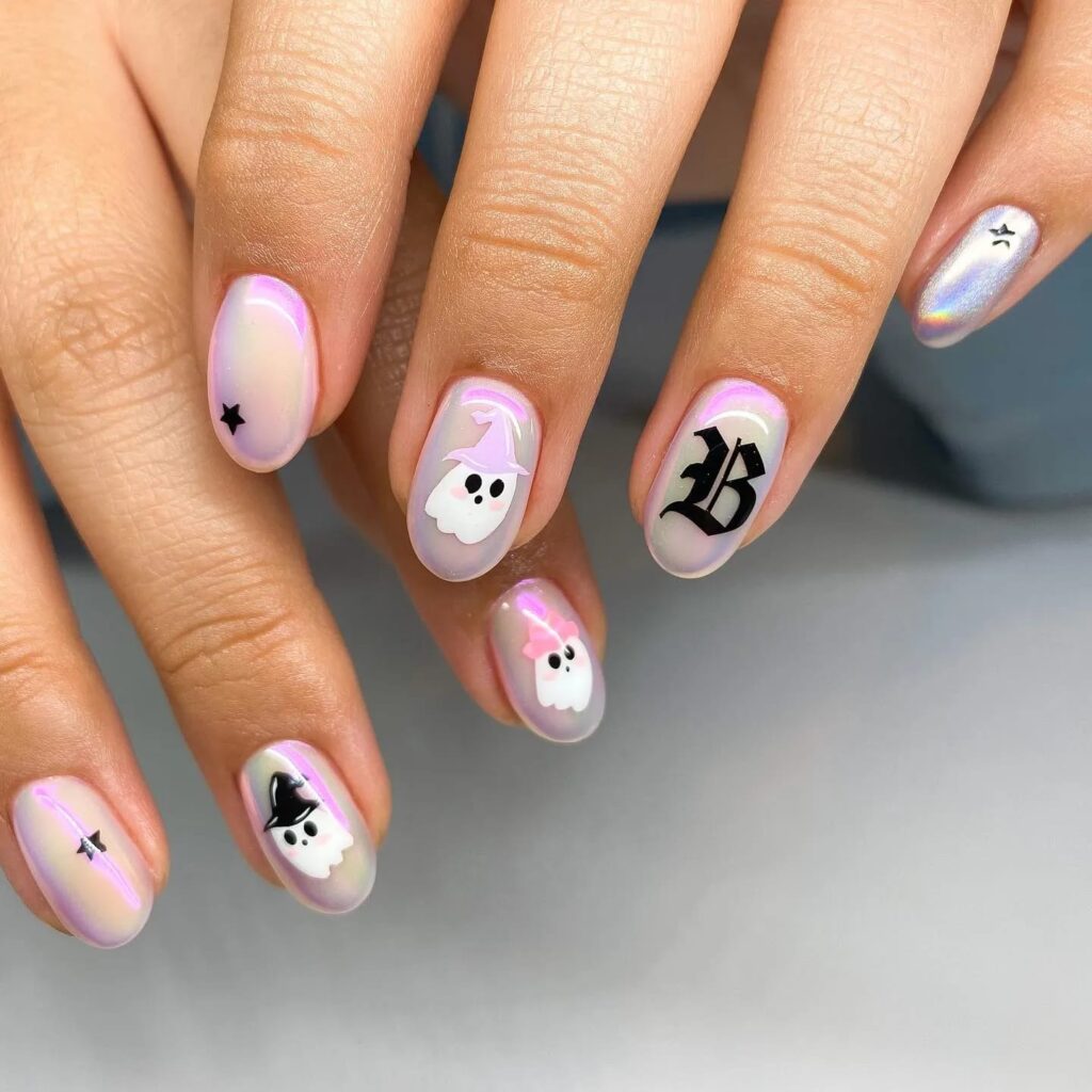 Short Halloween Nails with Soft Ghost Art