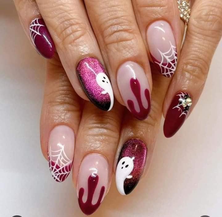 Simple Halloween Nails with Burgundy and Ghosts