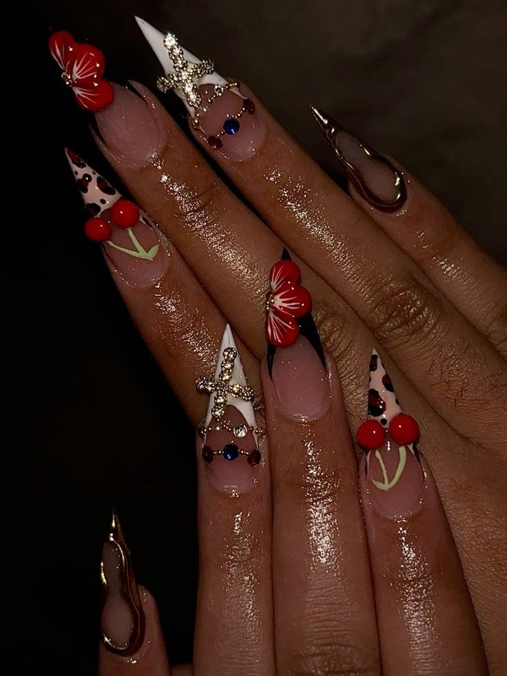 Stiletto Cherry Nails with 3D Details