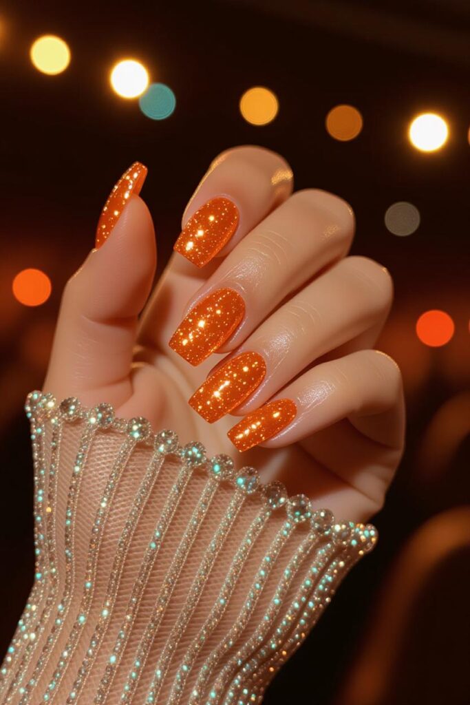 Wedding Nails in Glittery Orange Coffin Style
