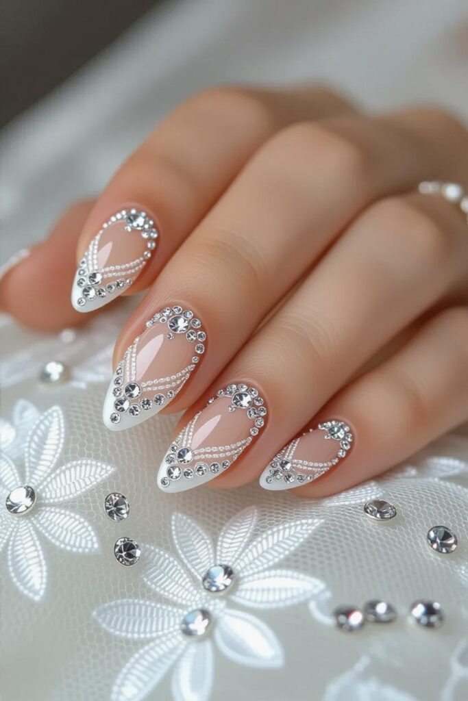 Wedding Nails with Clear Tips & Silver Accents