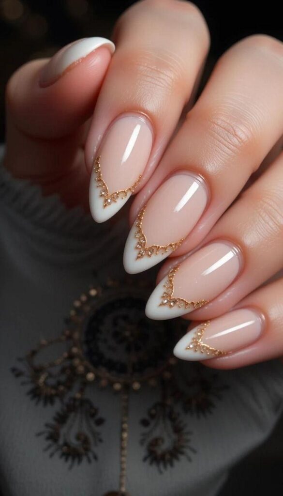 Wedding Nails with Gold Embellished French Design