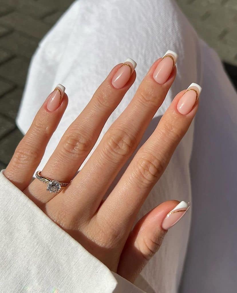 Wedding Nails with Gold-Lined Square French Tips