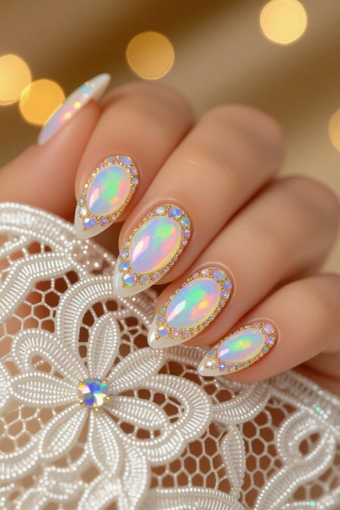 Wedding Nails with Iridescent Gems & Lace