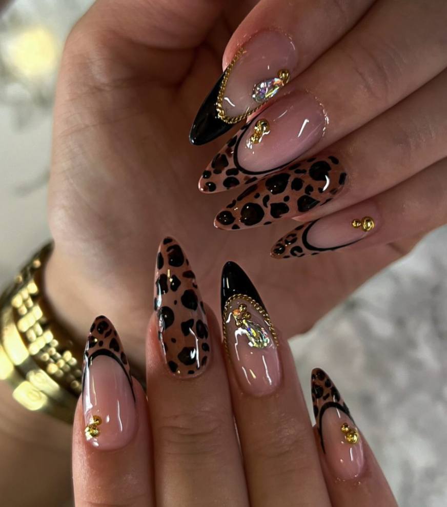 Wedding Nails with Leopard Print & Gold Chains