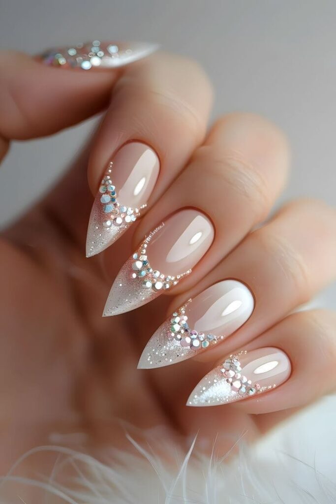 Wedding Nails with Nude Base & Rhinestone Sparkle wedding nails