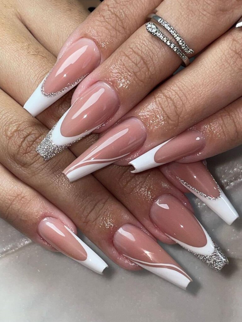 Wedding Nails with Silver Glitter & Abstract Art