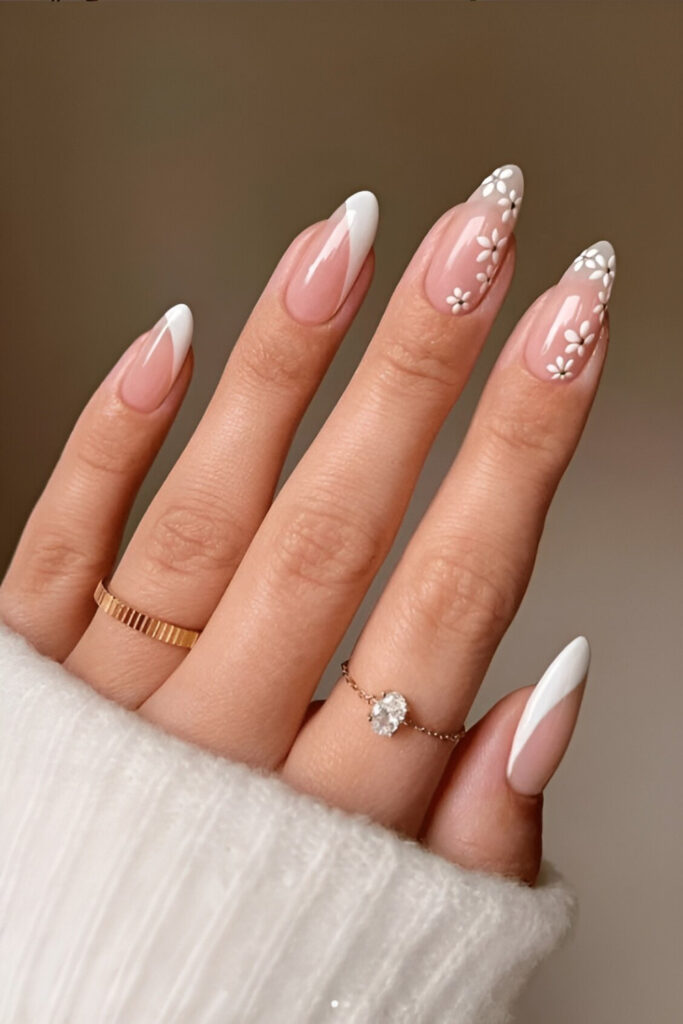 Wedding Nails with White Floral Accents