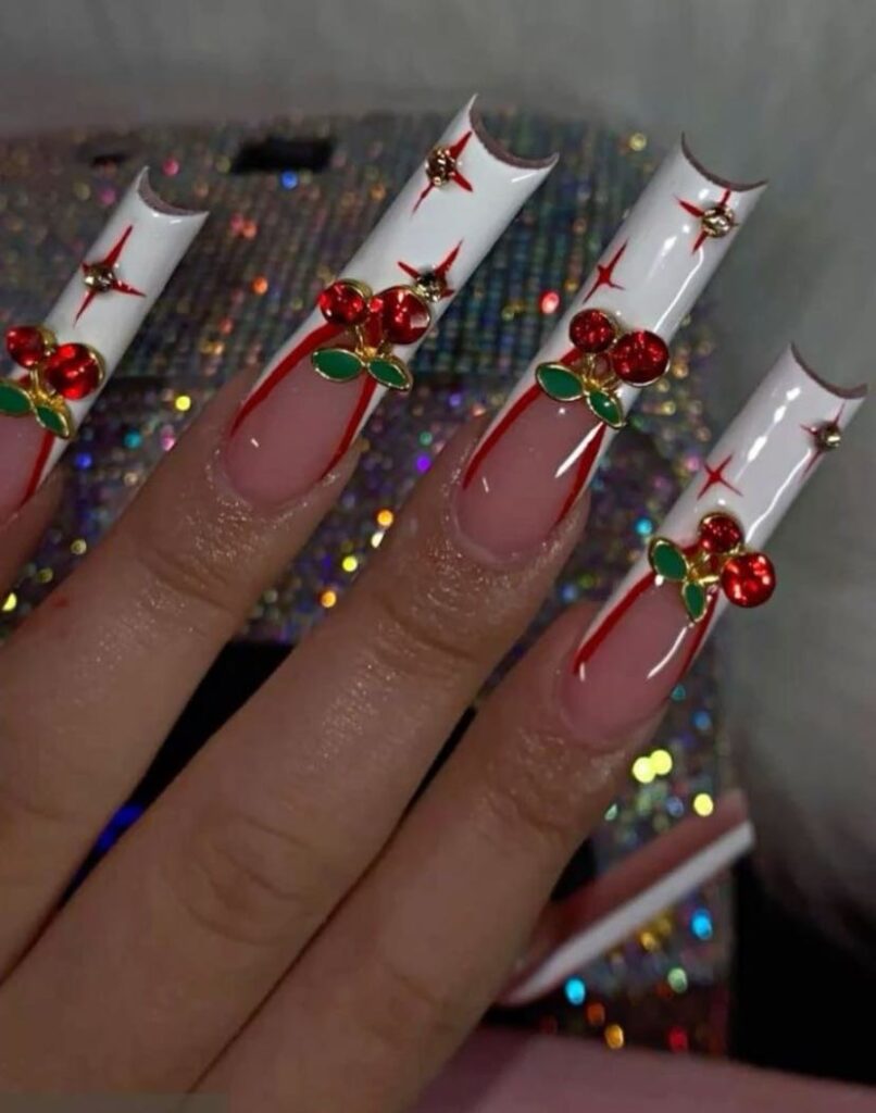 White and Red Cherry Nails with Rhinestones
