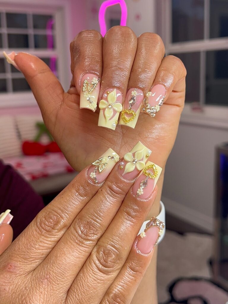 Yellow Floral Glam Nails