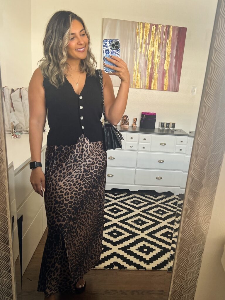 Black Vest and Leopard Maxi Skirt