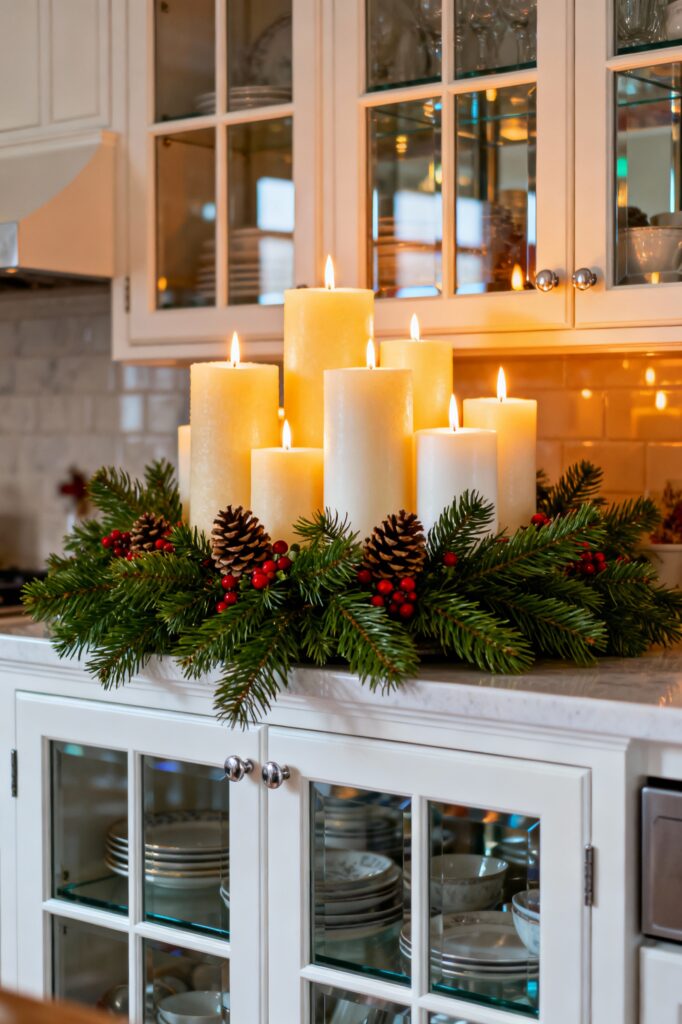 Clustered Candles with Pine Sprigs on Glass Cabinets