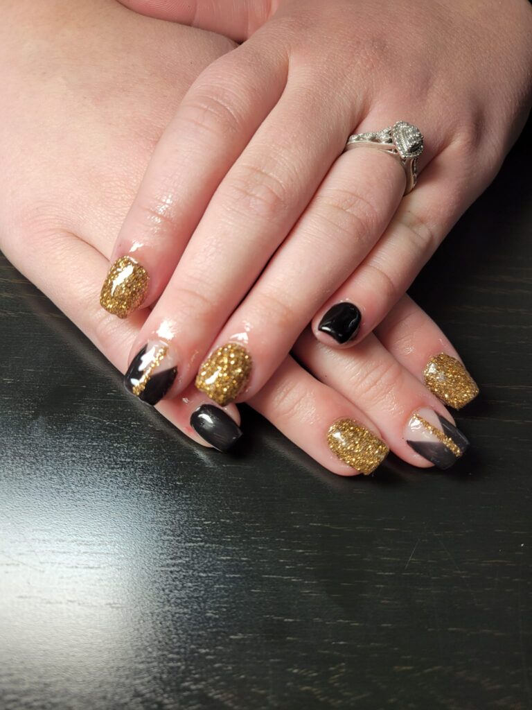 Cute Thanksgiving Nails with Black and Gold Glitter