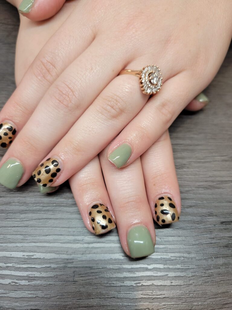 Cute Thanksgiving Nails with Green and Leopard Print