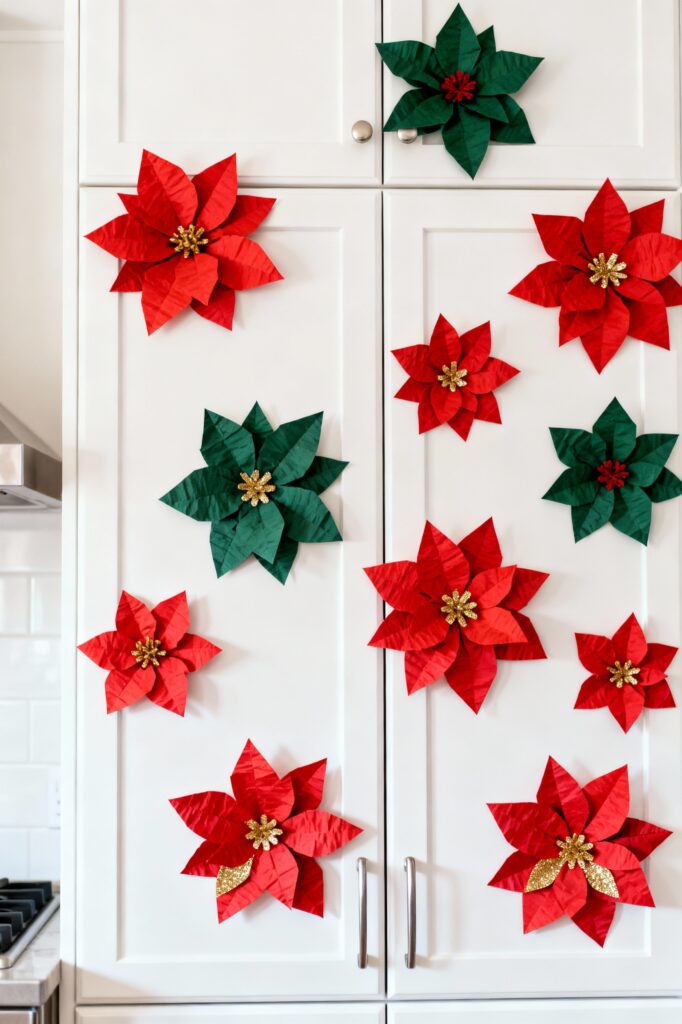 DIY Paper Poinsettias on Cabinet Panels