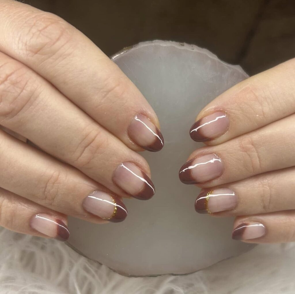 Glossy Brown French Simple Thanksgiving Nails