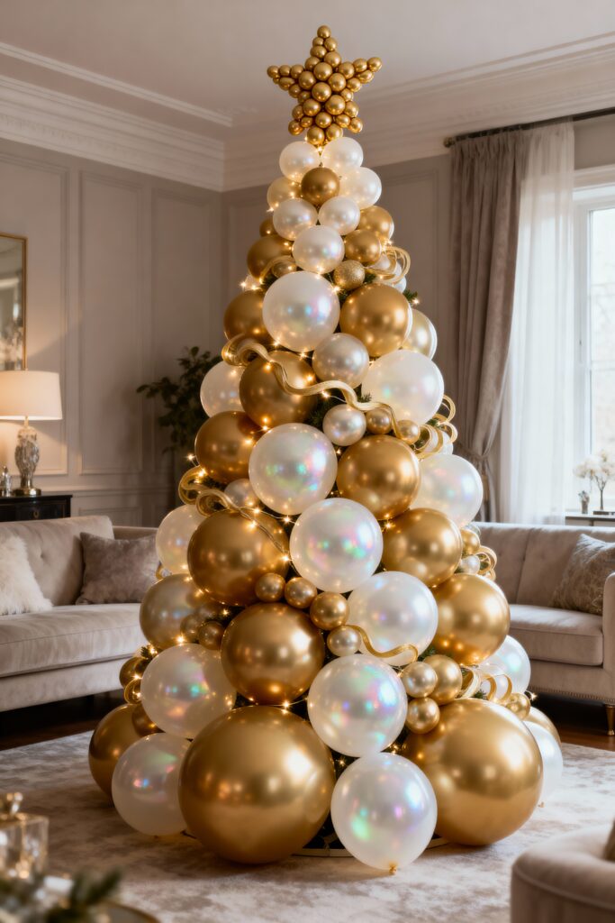 Gold and Pearl White Balloon Christmas Tree