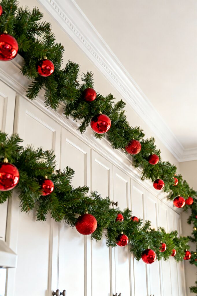 Greenery Swag with Red Ornaments Above Cabinet