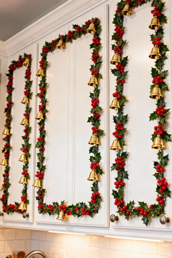 Holly Garlands with Gold Bells on Cabinets