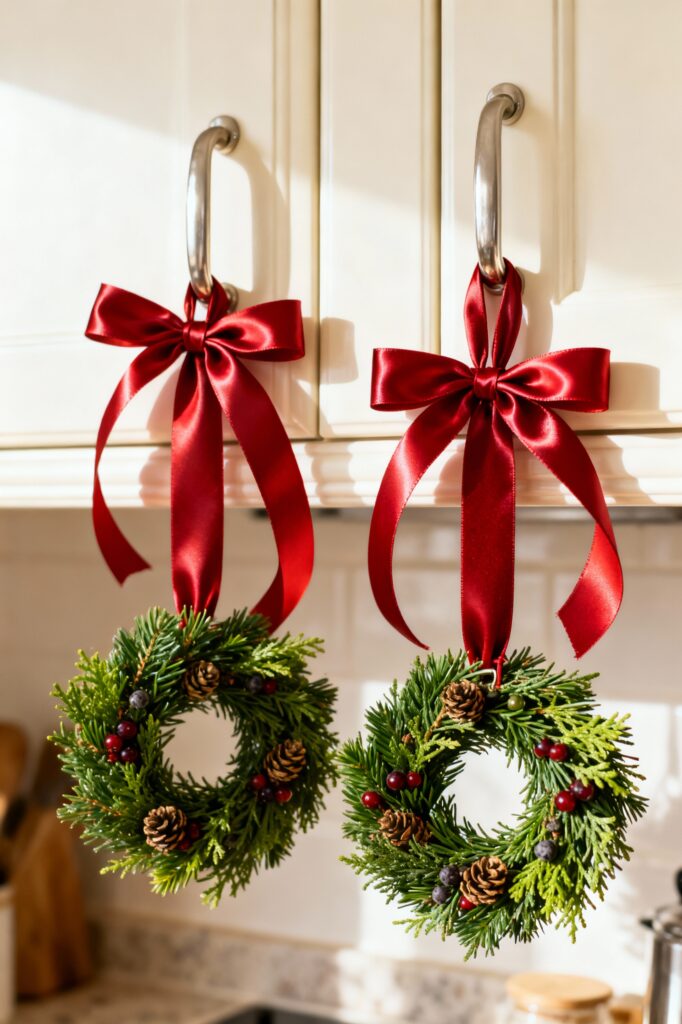 Mini Evergreen Wreaths on Cabinet Handles