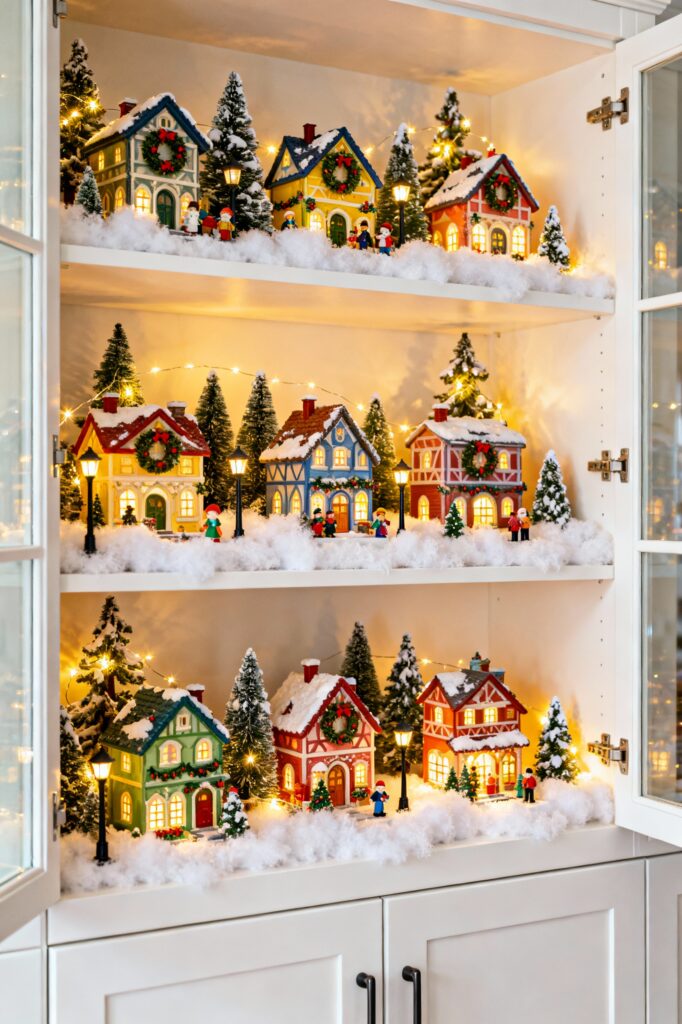 Miniature Christmas Village in Glass Cabinets
