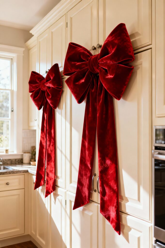 Red Velvet Bows on Cabinet Doors