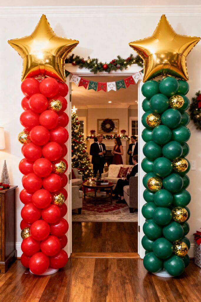 Red and Green Balloon Columns with Gold Stars
