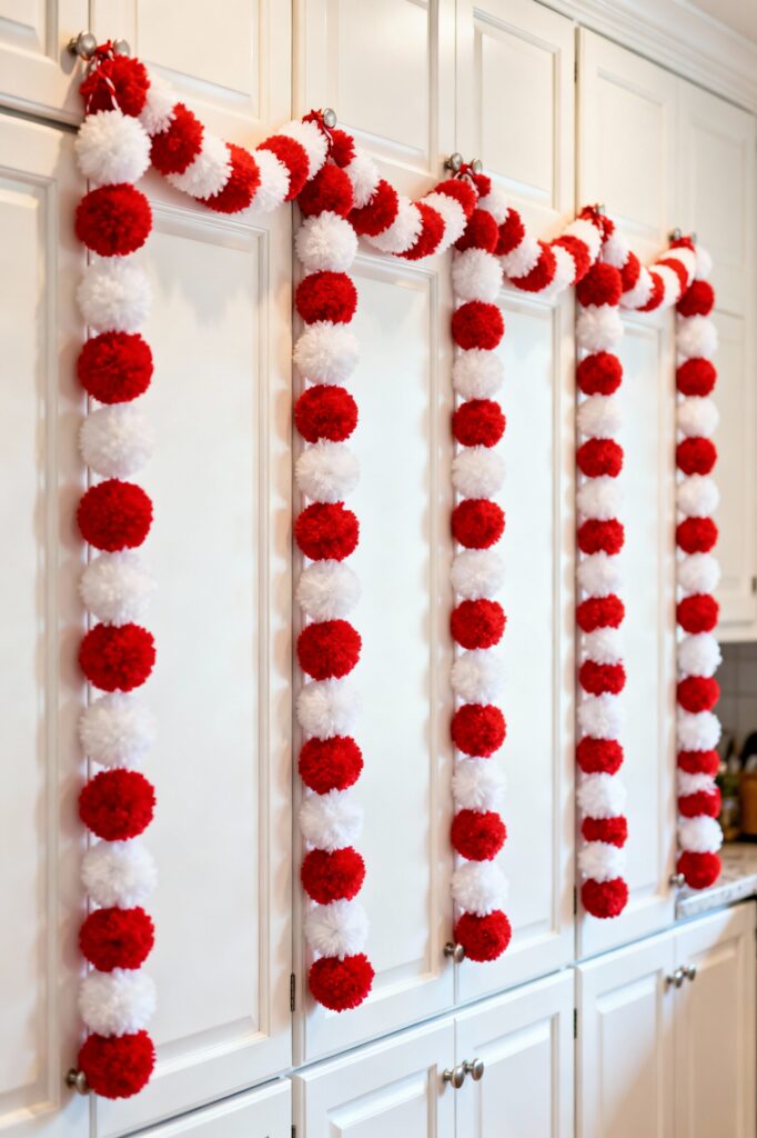 Red and White Pom-Pom Garland on Cabinets