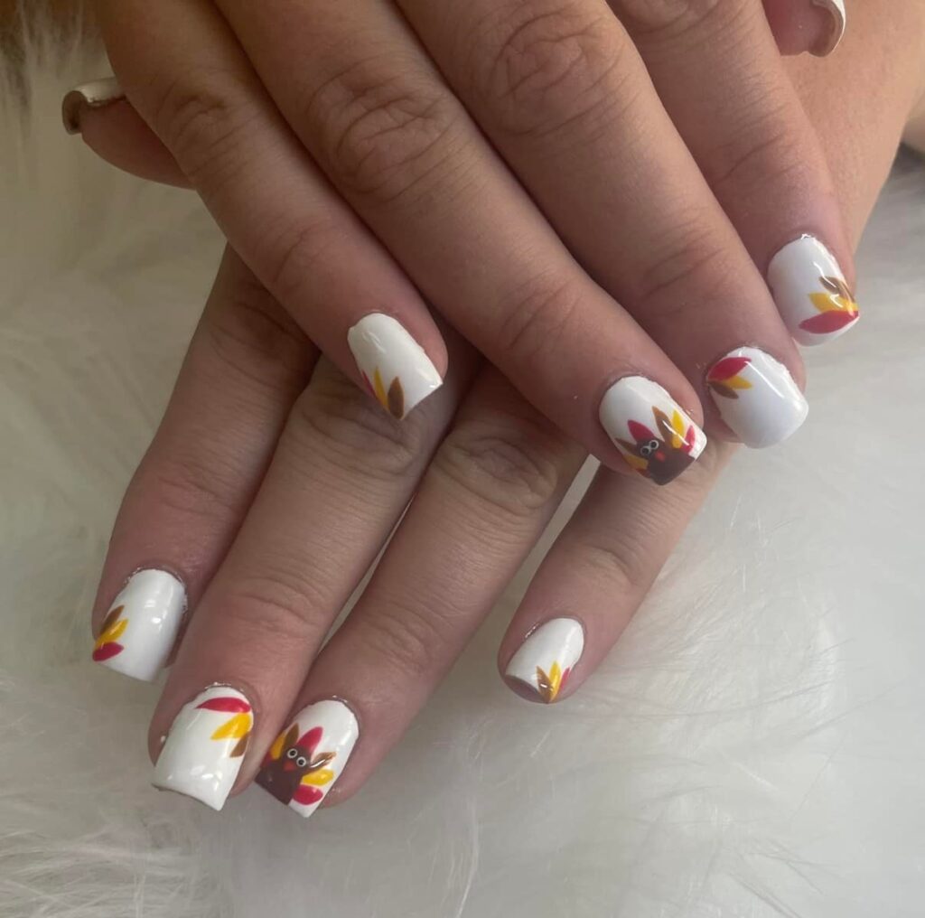 Simple Thanksgiving Nails with White and Turkey Design