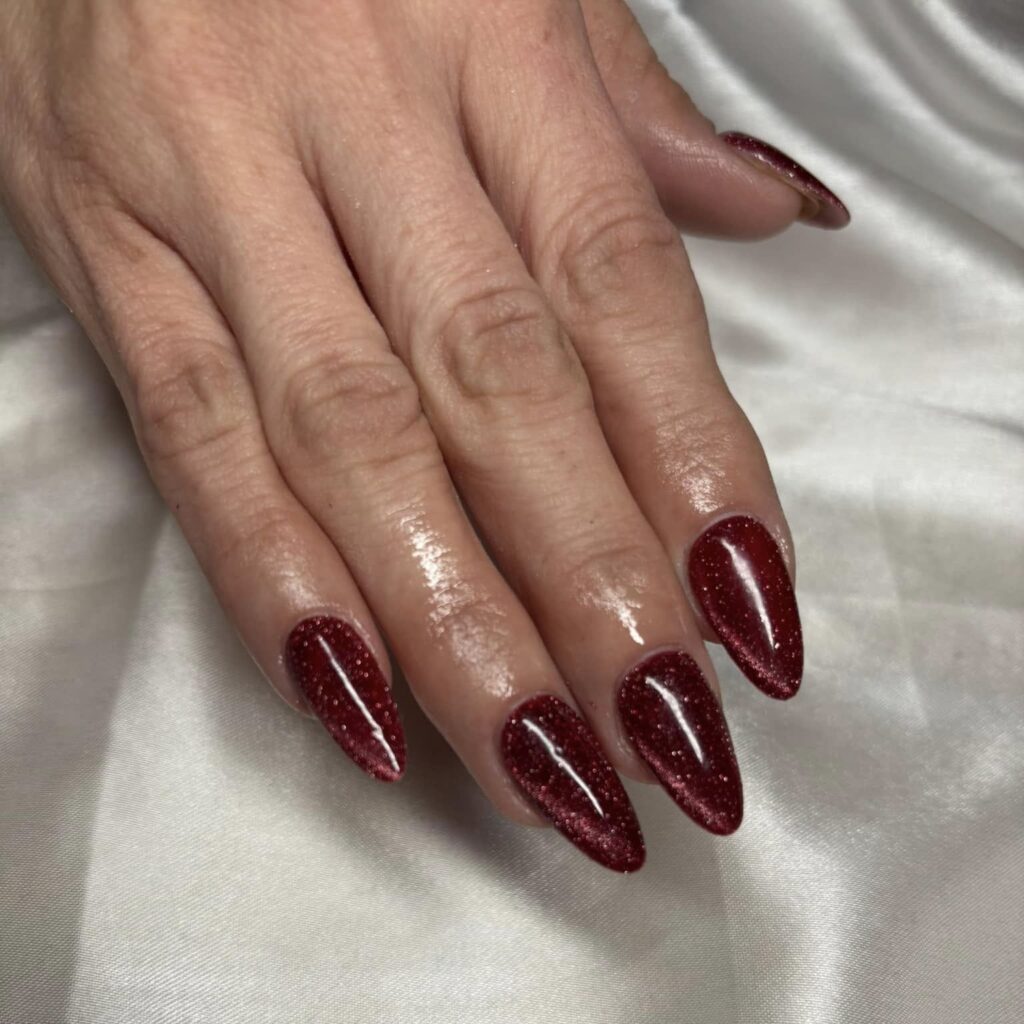Thanksgiving Acrylic Nails in Burgundy Sparkle