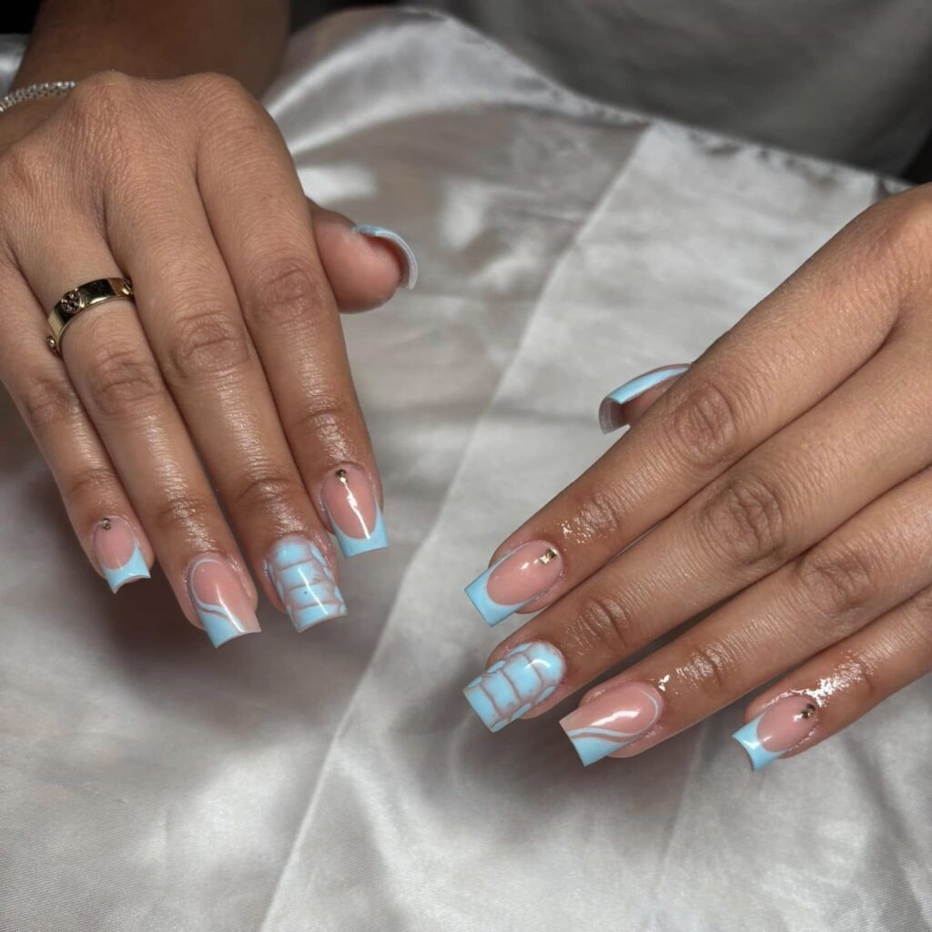 Thanksgiving Acrylic Nails with Blue French Tips