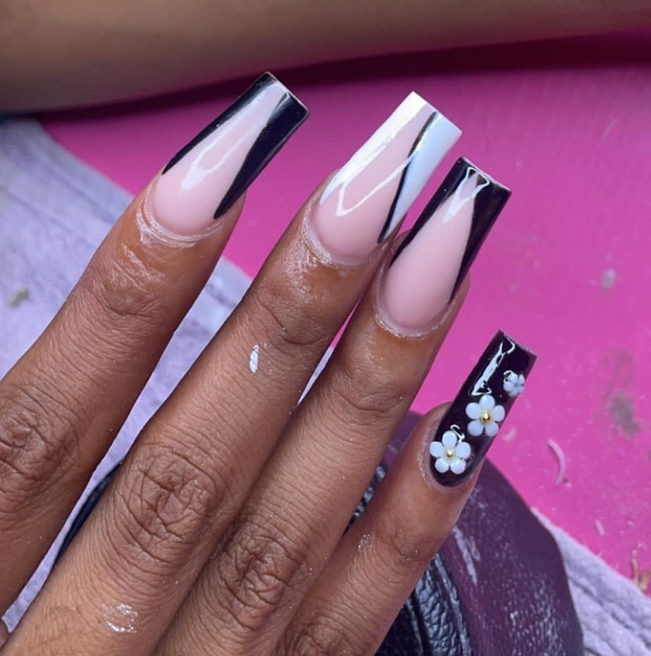 Thanksgiving Acrylic Nails with Bold Black and White