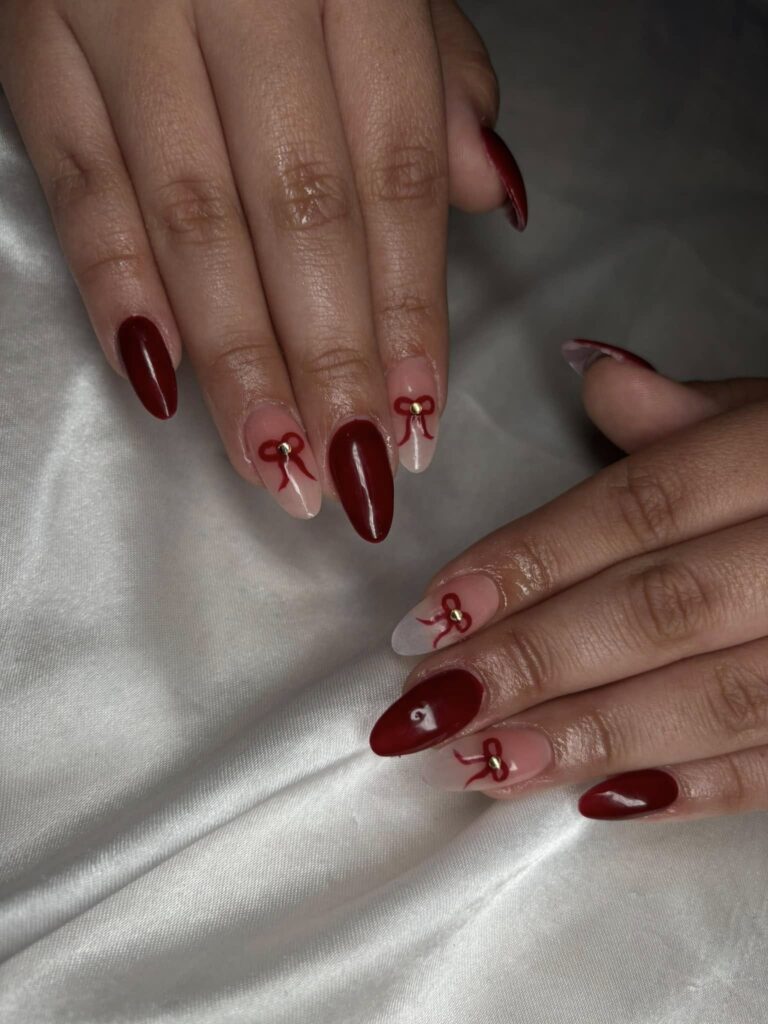 Thanksgiving Acrylic Nails with Burgundy Charm