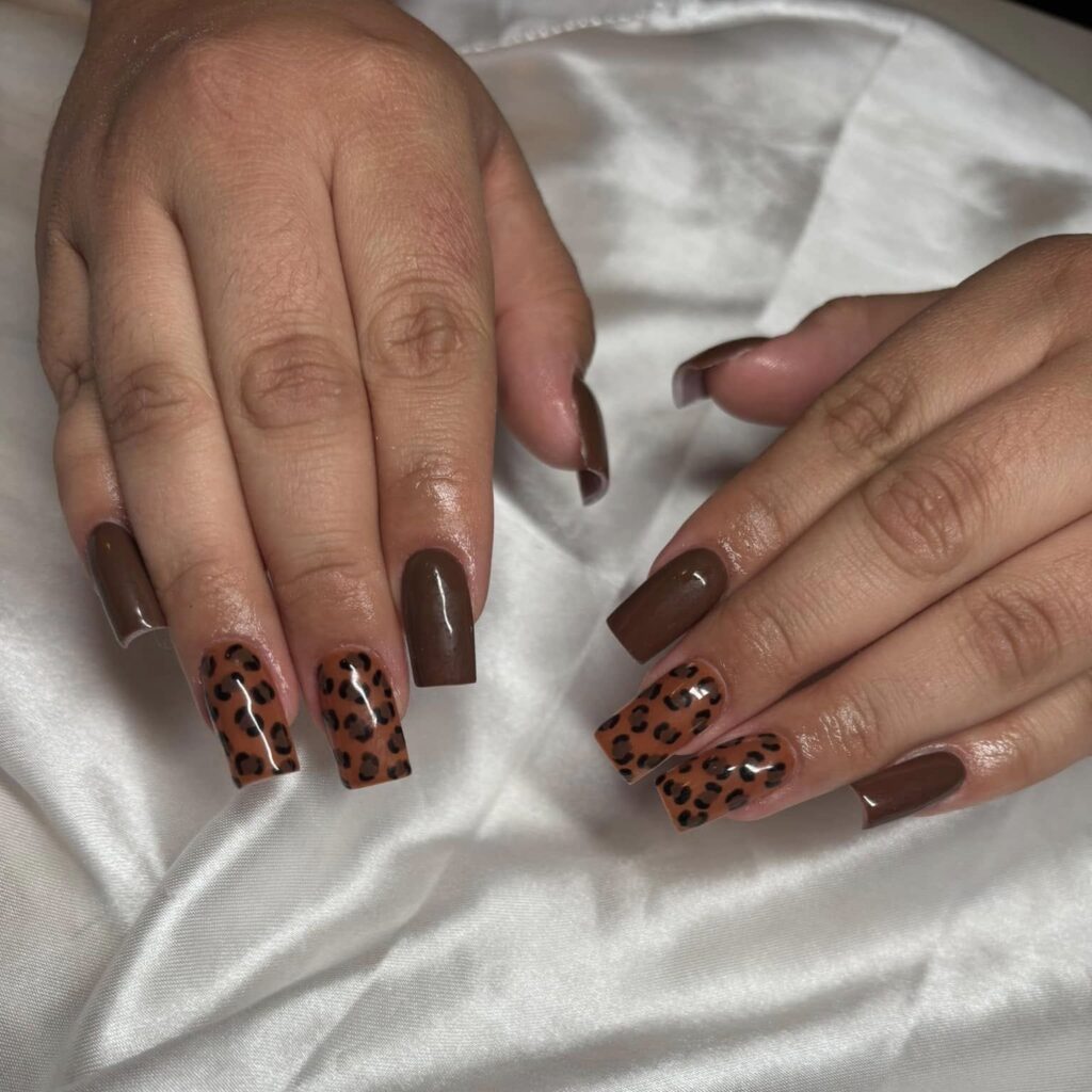 Thanksgiving Acrylic Nails with Leopard Print
