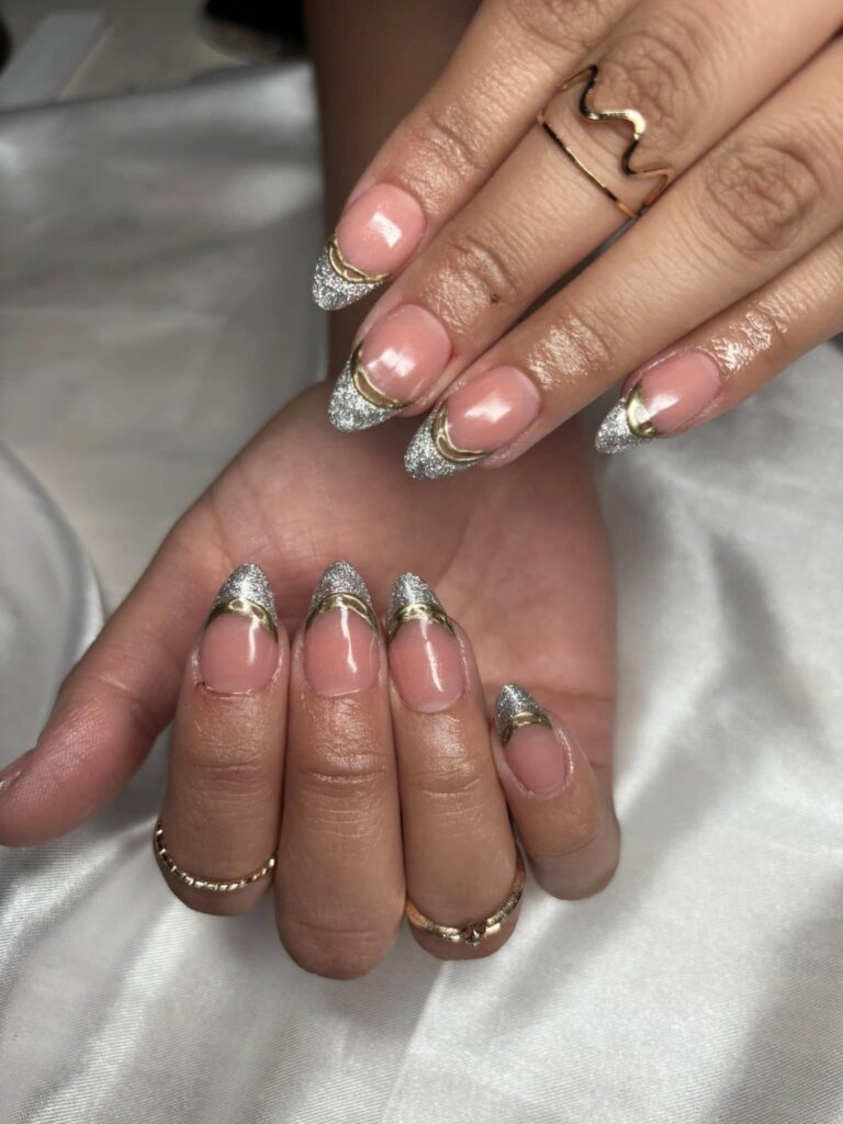 Thanksgiving Acrylic Nails with Silver Glitter Tips