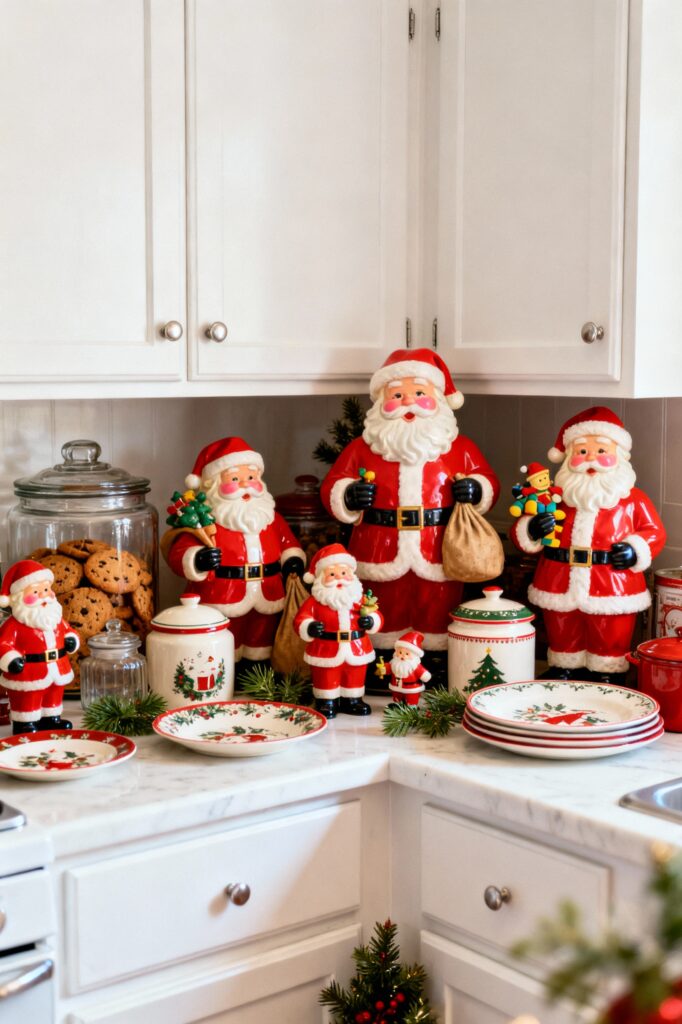Vintage Santa Figurines on Kitchen Countertop