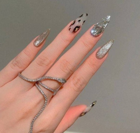 Chrome Leopard Silver Nails