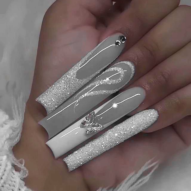 Glitter Butterfly Silver Nails