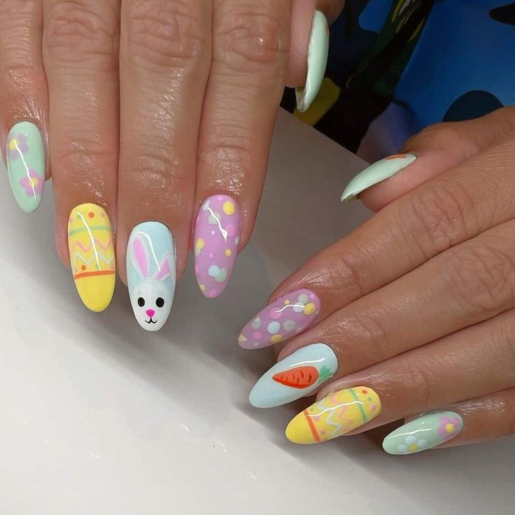 Pastel Easter Bunny and Carrot Nails