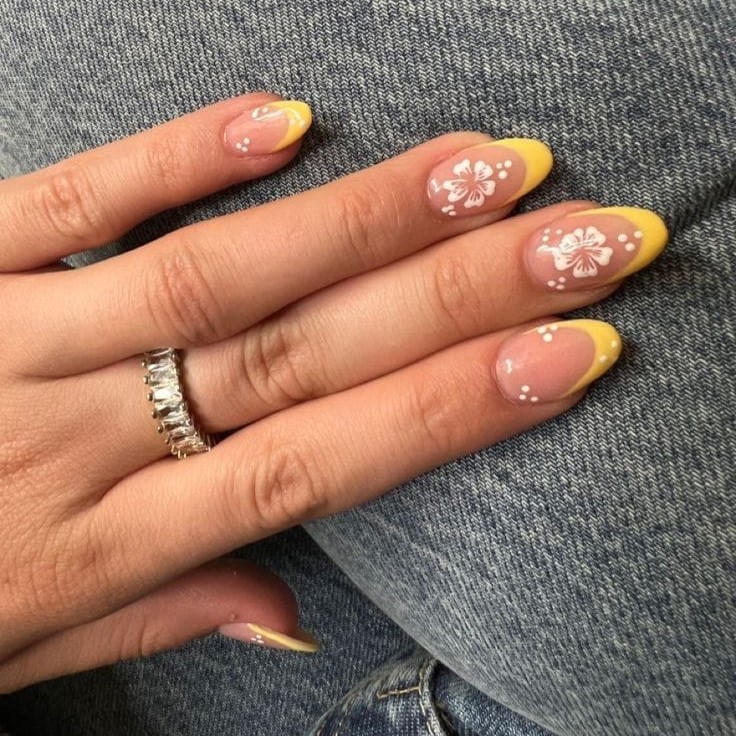 Soft Yellow Floral French Tips