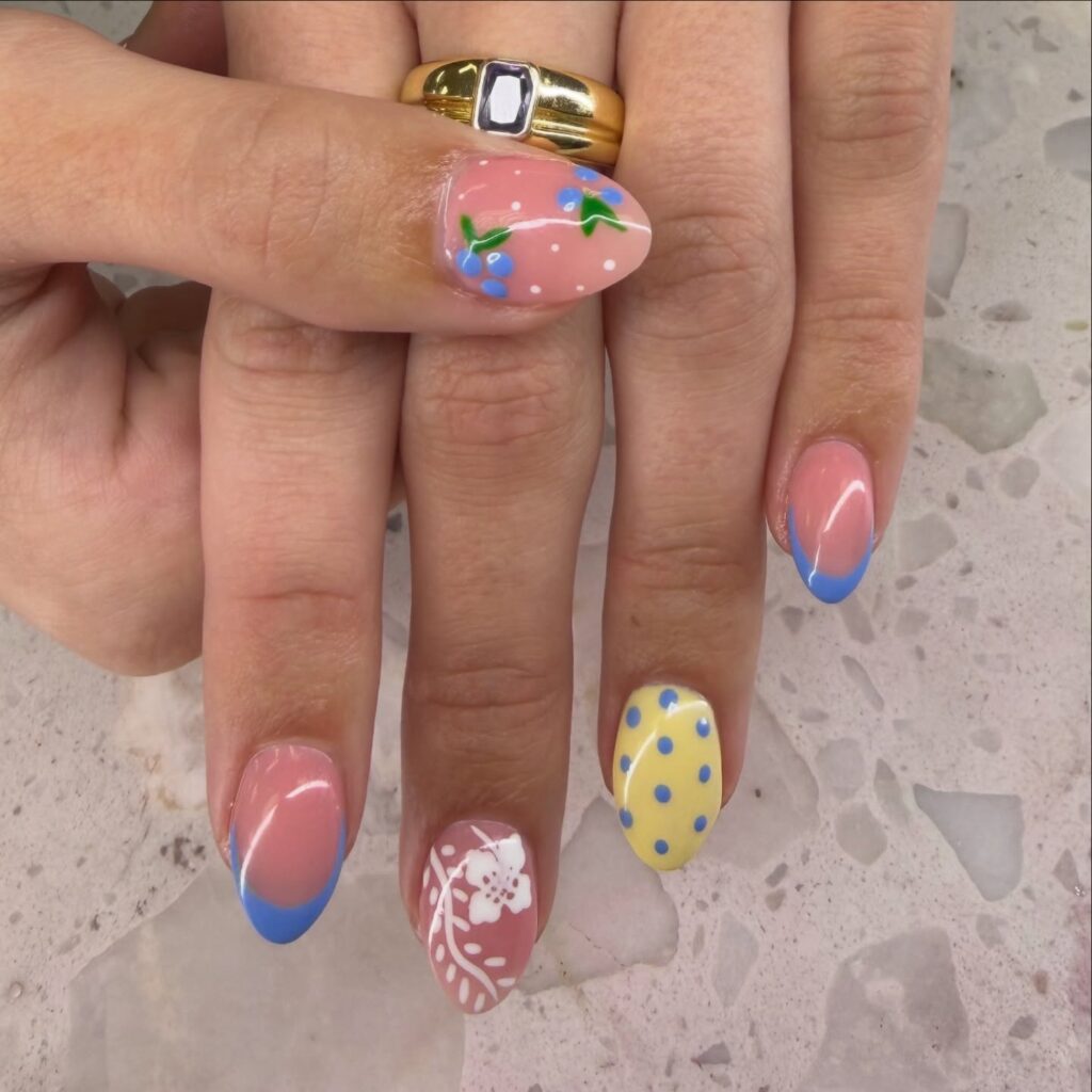 Blue French and Floral Nails