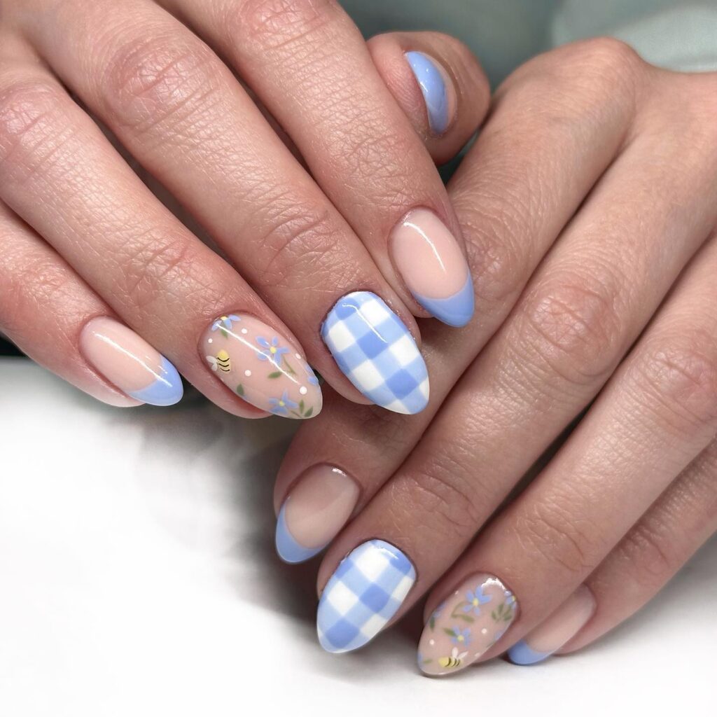 Blue Gingham Spring Nails