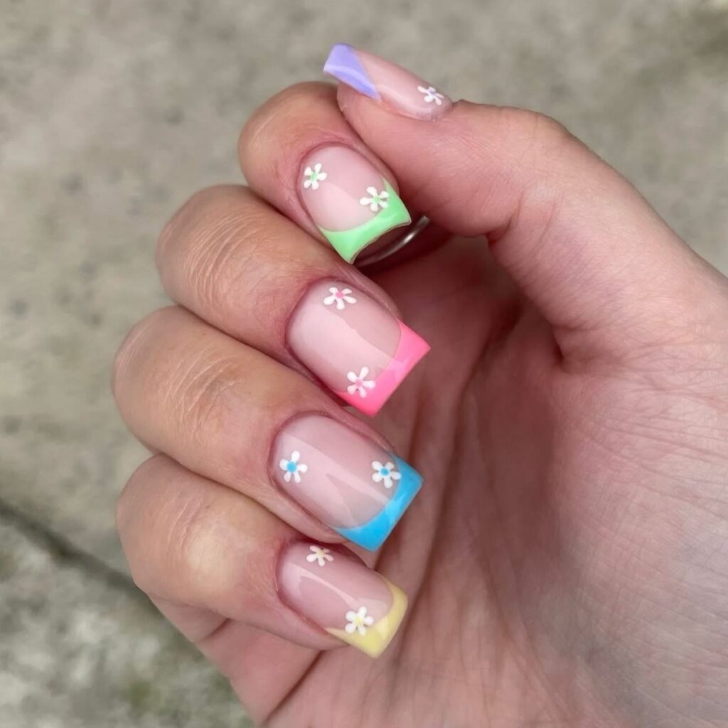 Colorful Daisy French Tip Nails