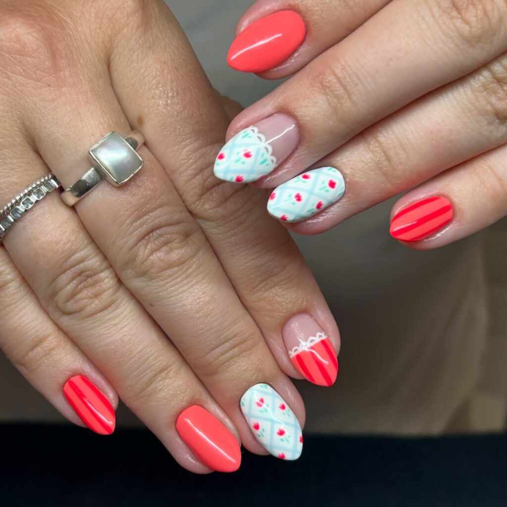 Coral and Mint Floral Pattern Nails