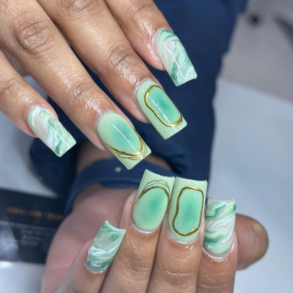 Mint Marble Gold Nails