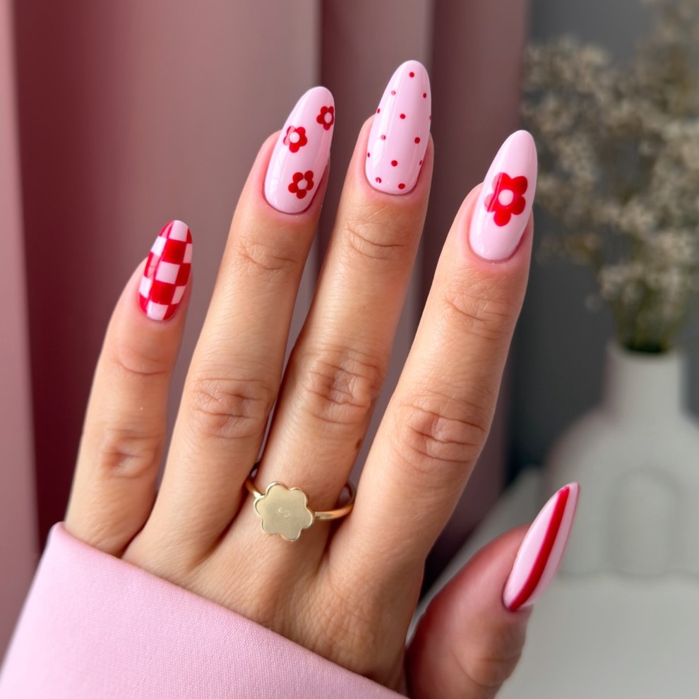 Red Floral Almond Nails