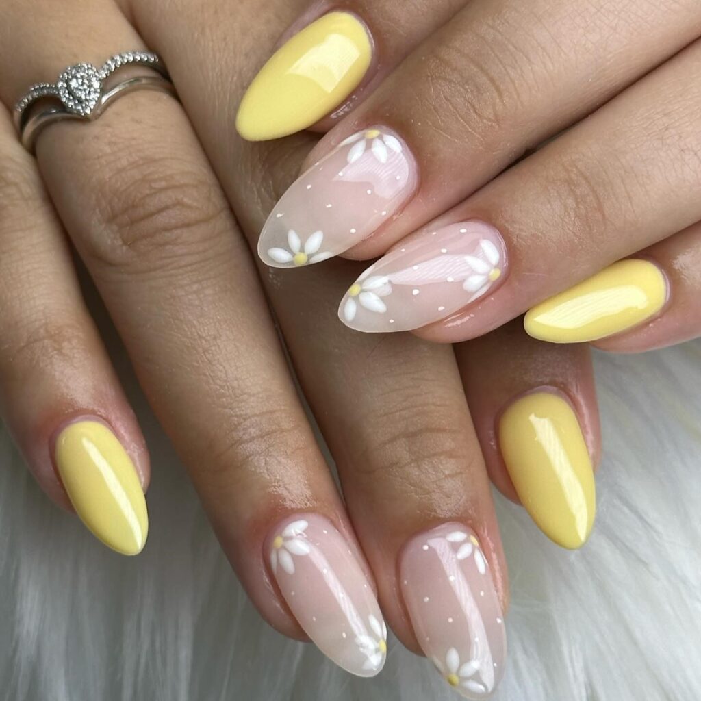 Yellow Daisy Almond Nails