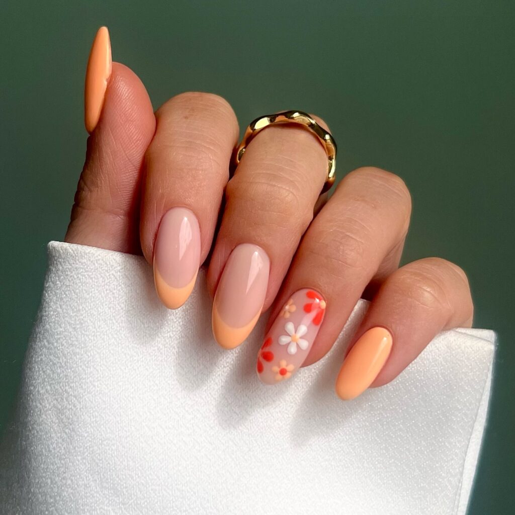 Peach Floral Accent Nails