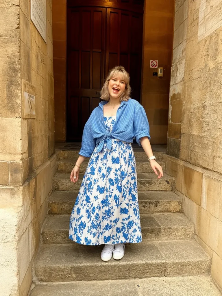 Blue Floral Maxi with a Relaxed Shirt Layer