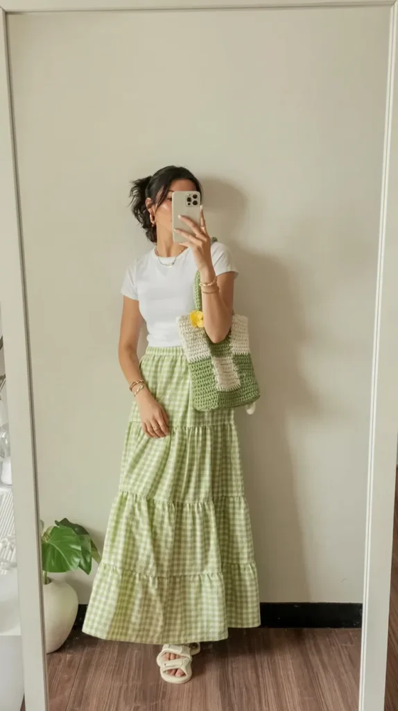 Green Gingham Maxi Skirt with a Clean White Tee